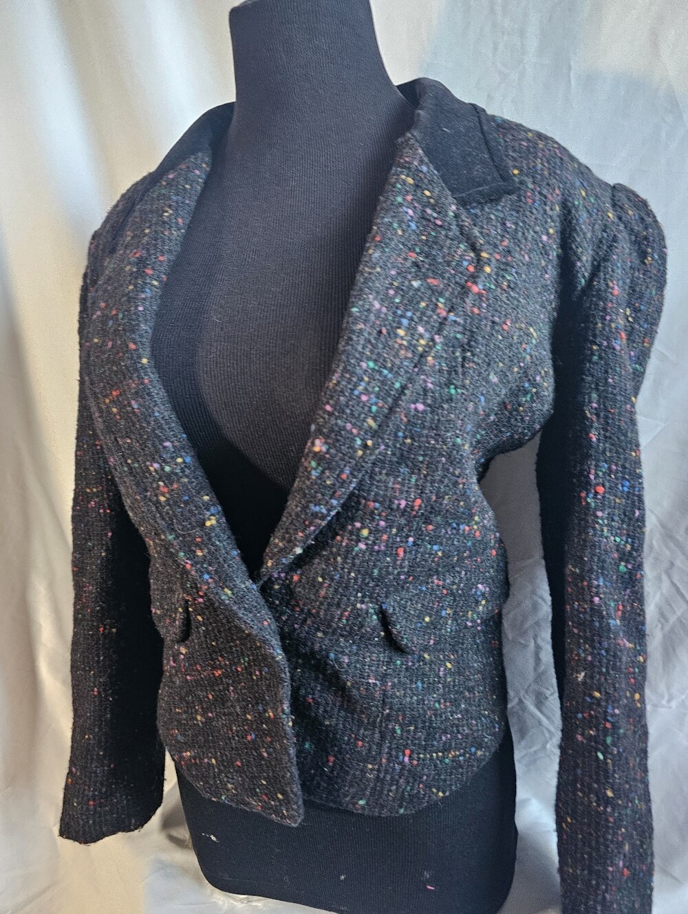 Vintage Womens Black Flecked Tweed Blazer Jacket Medium
